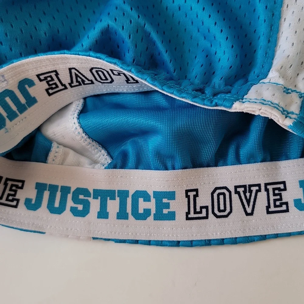 Justice Girls Athletic Mesh Dolphin Shorts Blue White Trim Elastic Waist Size 6